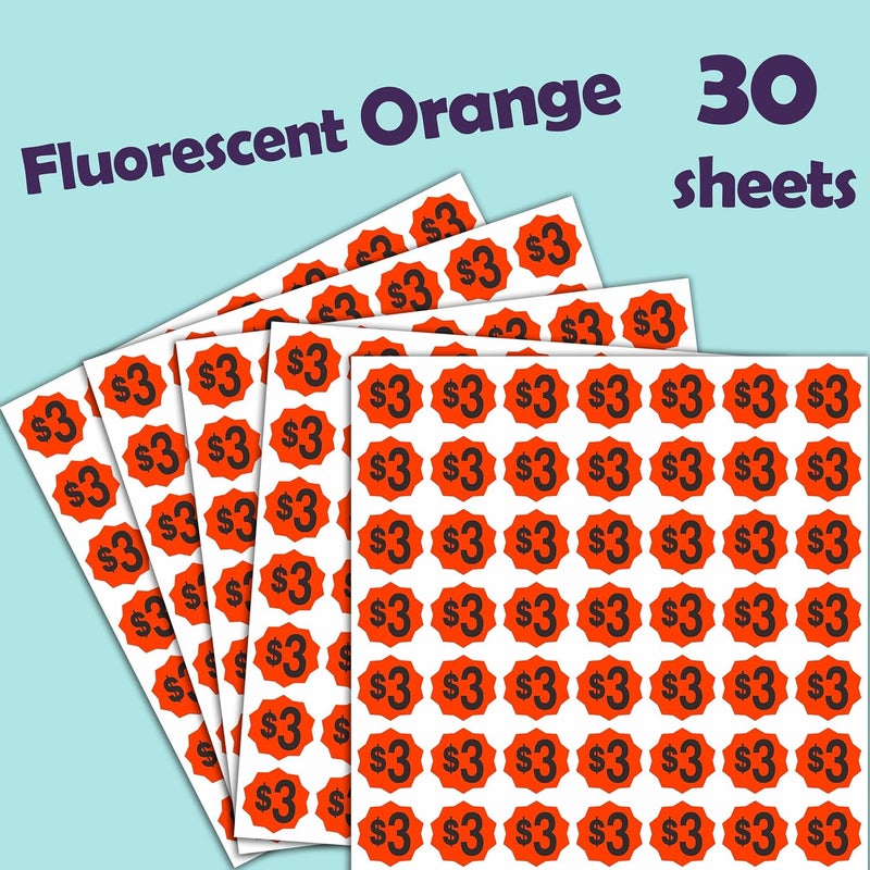 YSHIHE Fluorescent Orange Price Stickers, 3/4 Inch Round Labels, 1470 Pre-Printed $3 Tags for Yard Sale, Garage Sale, Paper with Glossy Finish - Image 2